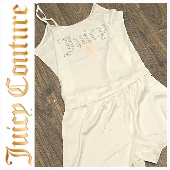 Juicy Couture Rhinestone Logo Satin PJ Set- White - Picture 2 of 7